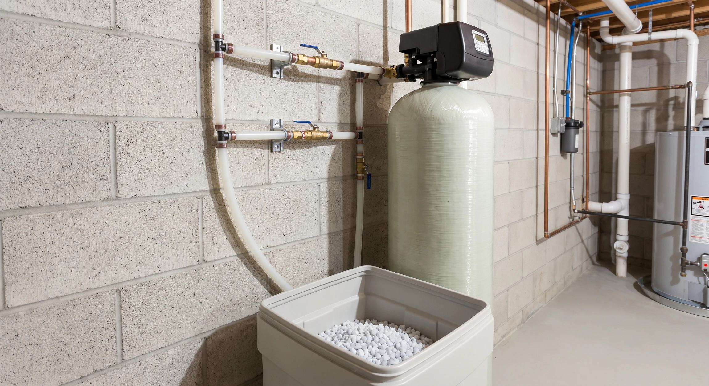 Adoucisseur d'eau monté en vertical dans un local technique près des canalisations principales, bac à sel en partie inférieure, raccordements de tuyauterie visibles, installation résidentielle professionnelle.