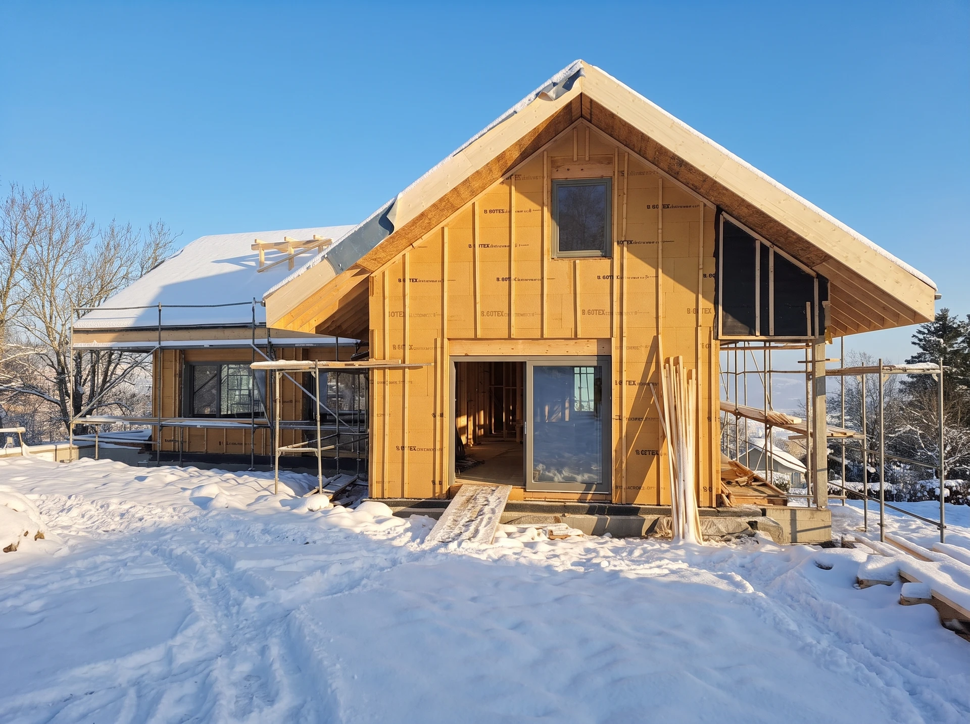 Plombier professionnel en salopette bleue et casque blanc installant un système de chauffage dans un bâtiment en rénovation